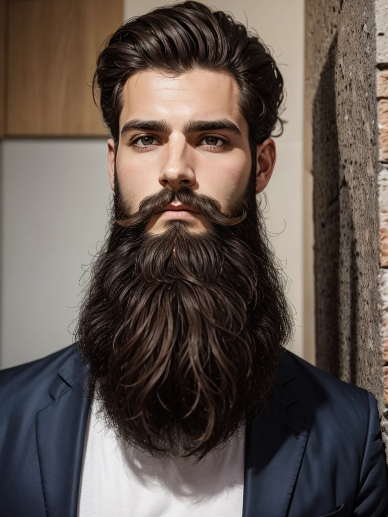 Homme français, 27 ans, barbe bien rasée brune, visage anguleux, regard ténébreux, cheveux très courts dégradé, bel homm