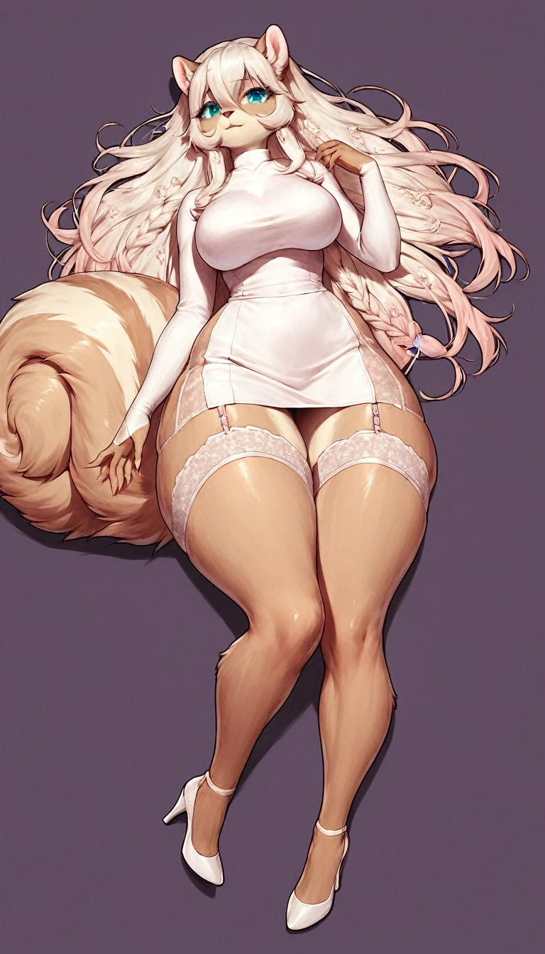 score_9, score_8_up, score_7_up, score_6_up, score_5_up, score_4_up, (solo), female anthro squirrel,turtleneck dress, lusty, fluffy body, long blond hair, turquoise eyes, (thick thighs:1.5) garter belt tights,lying down, on back, pov from front and above, violet background, simple background, high heels