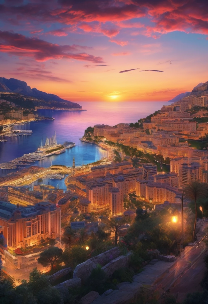 Beautiful Monaco cityscape、Sunset、Highly detailed digital art in 4K, Amazing artwork in 8K, 4K Detailed Digital Art, Beautiful Art UHD 4K, Epic dreamy fantasy landscape, Impressive and fantastic landscape, 8K high quality, detailed art, Digital Art 8k, Digital Art 8K, Mysterious and fantastic landscape, Awesome mobile wallpapers