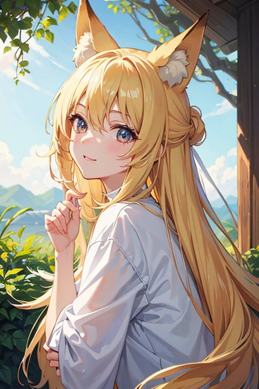 masterpiece, Highest quality, High resolution,Follow the on-screen instructions、Anime Style、Follow the prompts、One Girl、Long blonde、Fox Ears、Fox's Tail、shrine、Miko costume、cute、In front of the torii gate