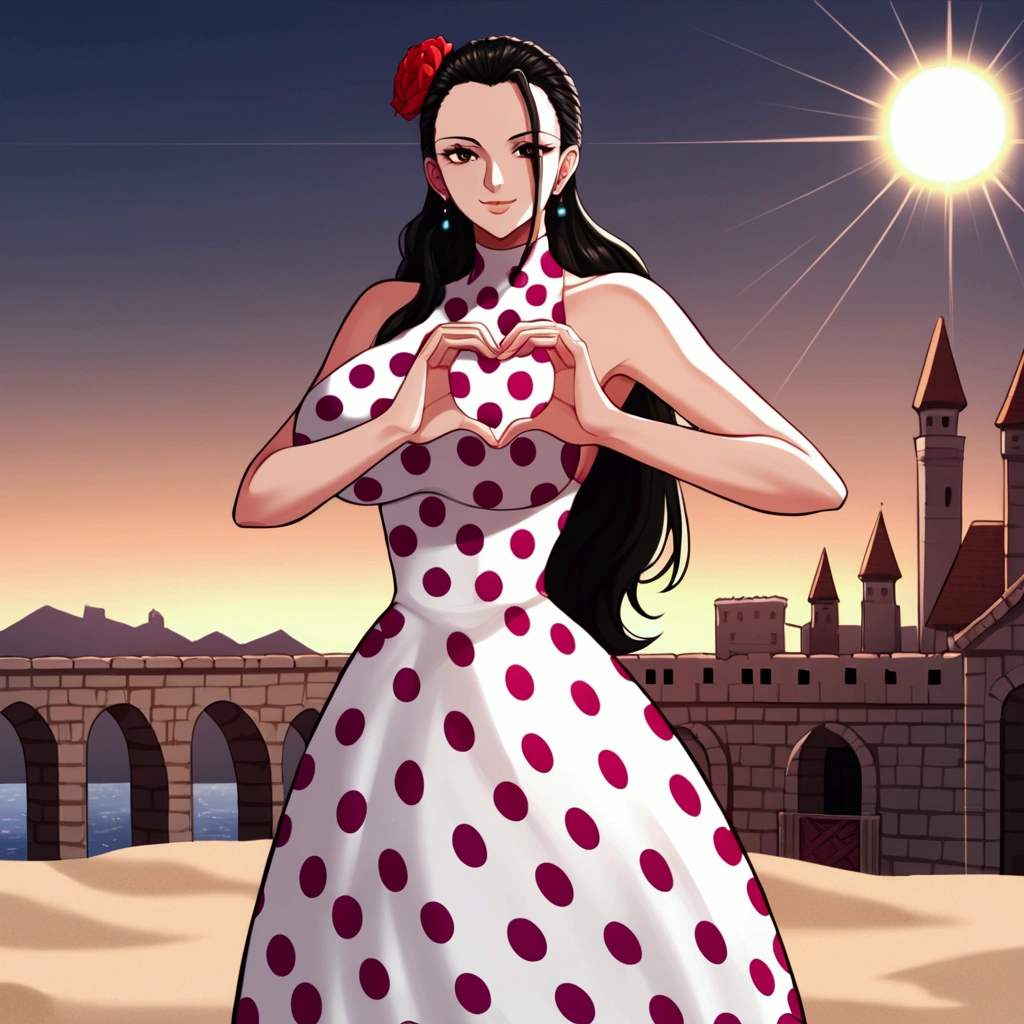 score_9, score_8_up, source_anime  BREAK solo, looking at viewer, cowboy shot,
violaop, brown eyes, black hair, long hair, hair slicked back, earrings, hair flower, polka dot dress, sleeveless dress, frilled dress, jewelry, heart fingers, heart hands, smile, curvy, large breasts, 
city, sand, medieval, sun, sunlight,