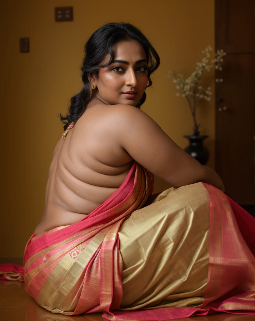 Foto RAW, photorealistic, photography, full body shot, master shot, perfect eyes, goddess like beauty, pierced eyes, perfect thick chubby mallu Desi aunty bhabhi, Wearing a Stanapatta, a chest-band.Saree model, model Photography, Indian saree shoot, Indian traditional wear advertising photography, traditional wear brand shoot, face of Indian actress Sonakshi Sinha, masterpiece, realistic, realism, incredible details, pleasure, photorealism, detailed skin, skin pores, high contrast, photorealistic Artstation 8k HD digital art trend of high definition and detailed realistic skin texture, ultra detail, realistic skin texture, armature, best quality, ultra high definition, (photorealistic:1.4),, high resolution, detail, raw photo, sweat, Re sharp, by Lee Jefferies Nikon D850 Film Stock Photo 4 Kodak Portra 400 Camera F1.6 Lens Rich Color Ultra Real Realistic Realistic Textures Dramatic Lighting Unreal Engine Trending at Art Station Cinestill 800,(pele altamente detalhada: 1.2), 8k UHD, DSLR, soft-lighting, alta qualidade, grain of film, Fujifilm XT3,she didn't like to wear blouse or bra, she is happy to wear only saree, she hates blouse or bra, detailed hairy armpits, hyper realistic skin, skin pores, sweat, veins, The open back looks attractive in a saree without a blouse, appealing figure, appealing body language,