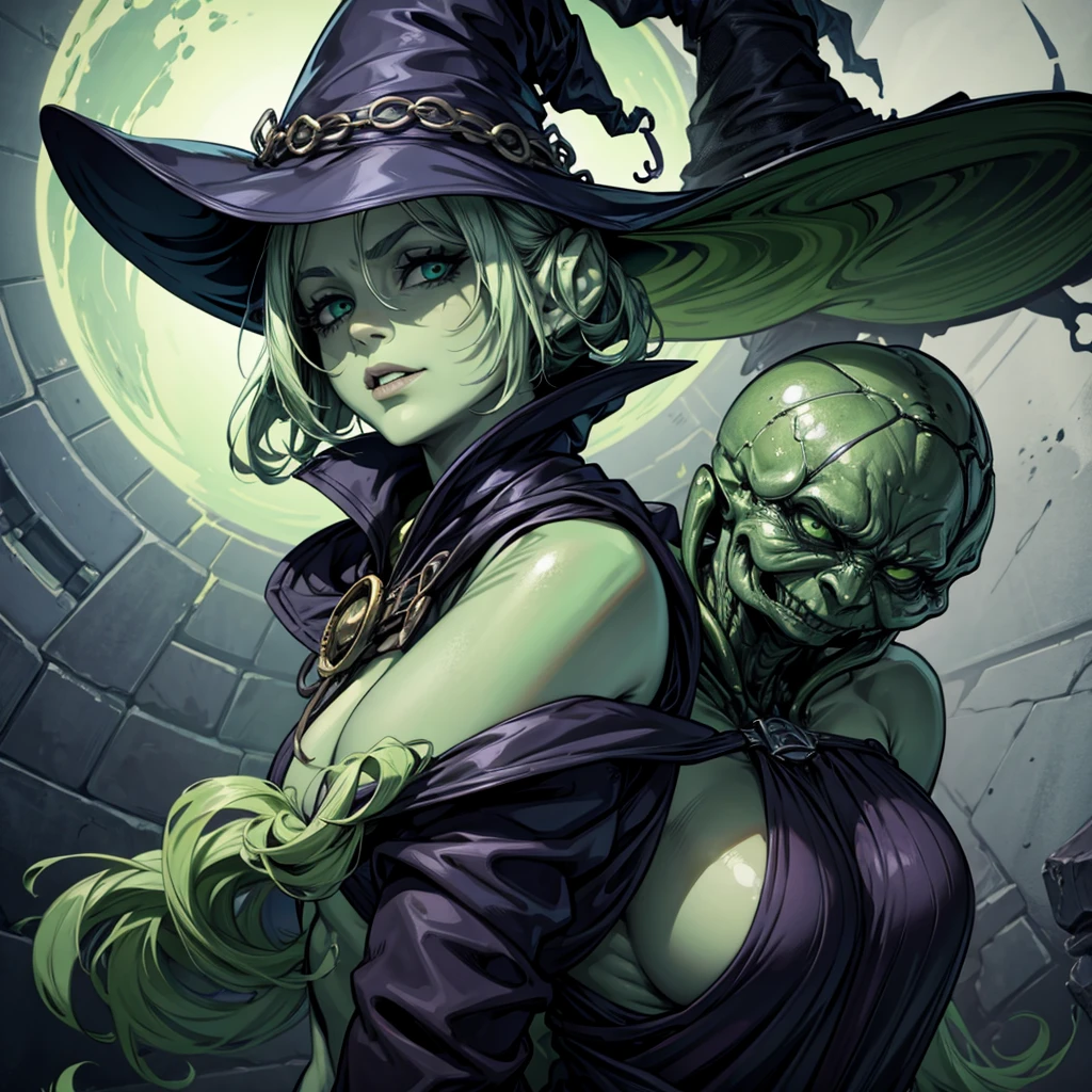 make an alien witch with green, wrinkled skin, ugly and necrotic