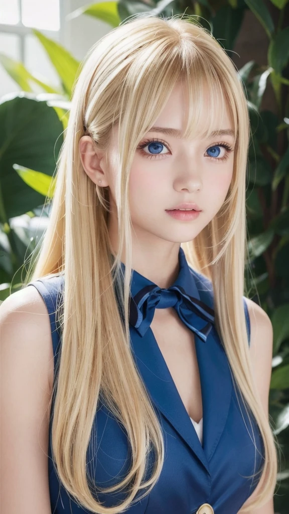 portlate、School Uniforms、bright expression、poneyTail、Young shiny shiny white shiny skin、Best Looks、Blonde reflected light、Blonde hair with dazzling highlights、shiny light hair,、Super long silky straight hair、Beautiful bangs that shine、Glowing crystal clear attractive big blue eyes、Very beautiful nice cute 16 year old girl、Lush bust