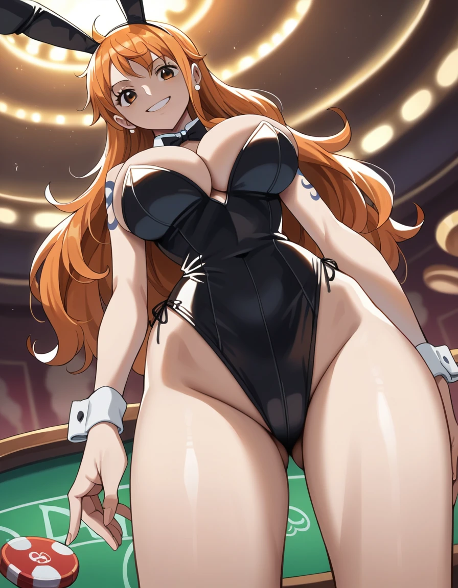 score_9, score_8_up, score_7_up, source_anime, best quality, clear face, 1girl, Nami, orange hair, orange eyes, long hair, large breasts, cleavage, looking at viewer, standing, playboy bunny, black clothes, dynamic angle, smile, casino, thighs, low angle