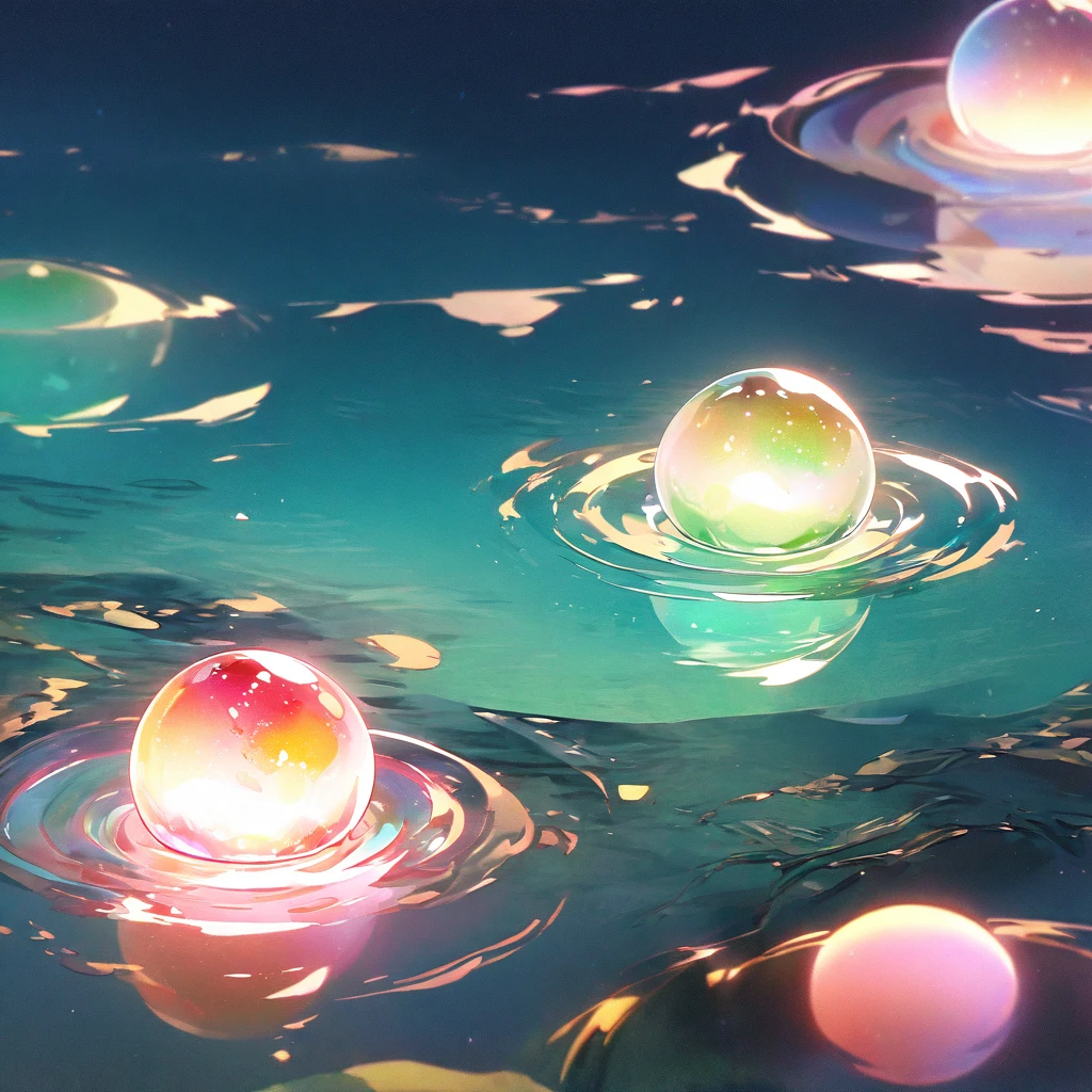(Beauty),night,moon,lake surface,gold,pink,green,blue, red, glass texture、Light, Gradient translucent glass melt, clean no humans