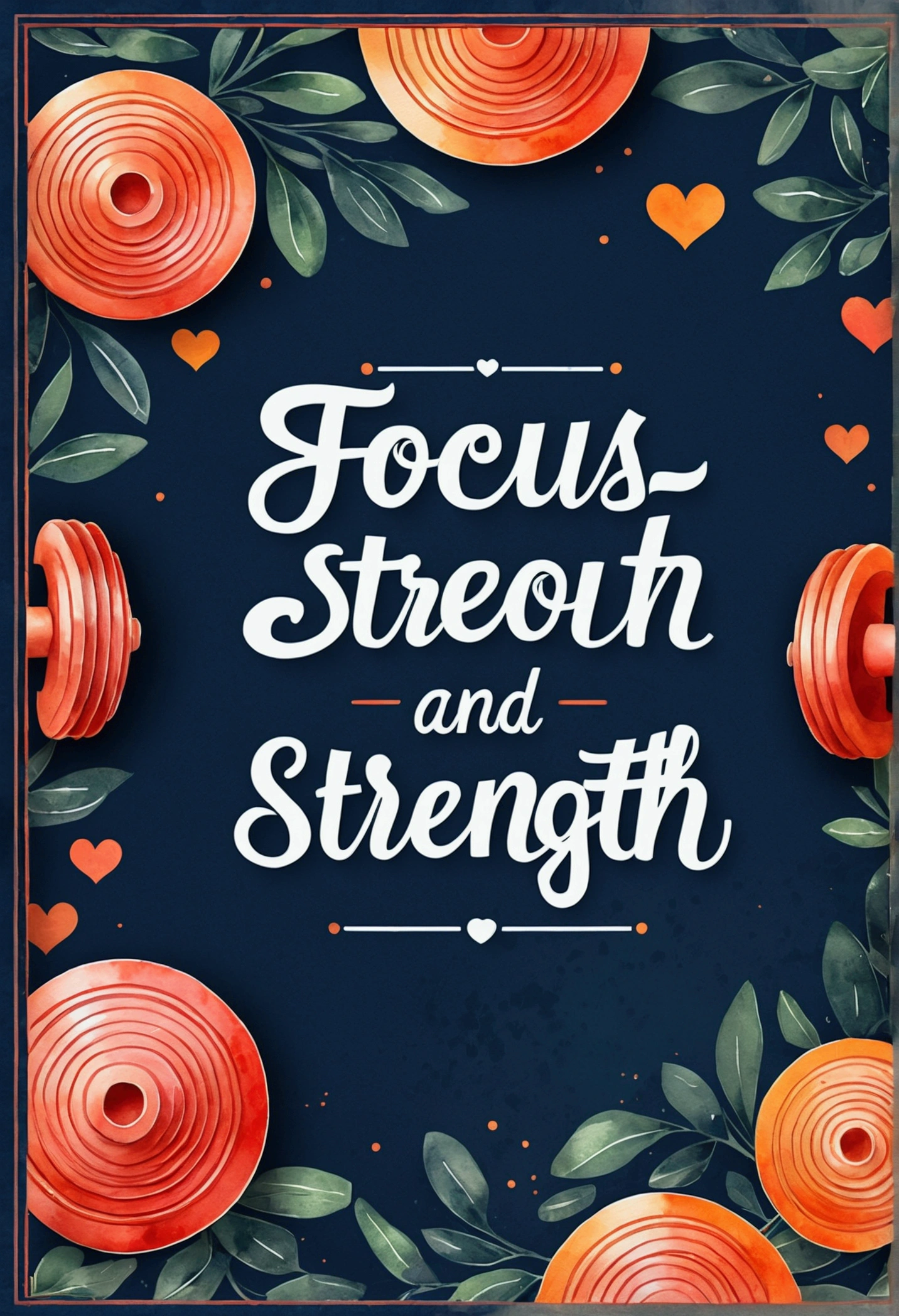 "Create a sporty design with the phrase 'Focus and Strength' in a bold font and vibrant colors. Add a dumbbell design or heart rate graphic next to the phrase." 2D art, vector; shading and gradients, Art Nouveau, vibrant colors and synthwave. Vector design, thin lines, central composition, soft background, palette (dark blue, orange, red, olive green), watercolor logo style with patterned effect, monochrome background, by yukisakura, with original and incredible colors.
