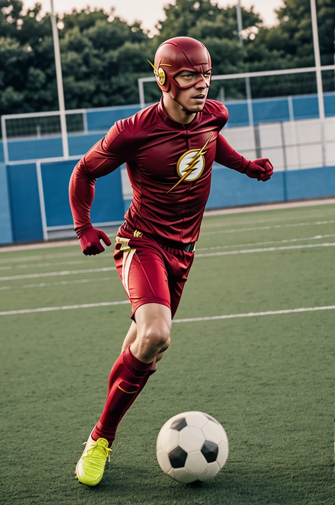 Flash superhero playing soccer football