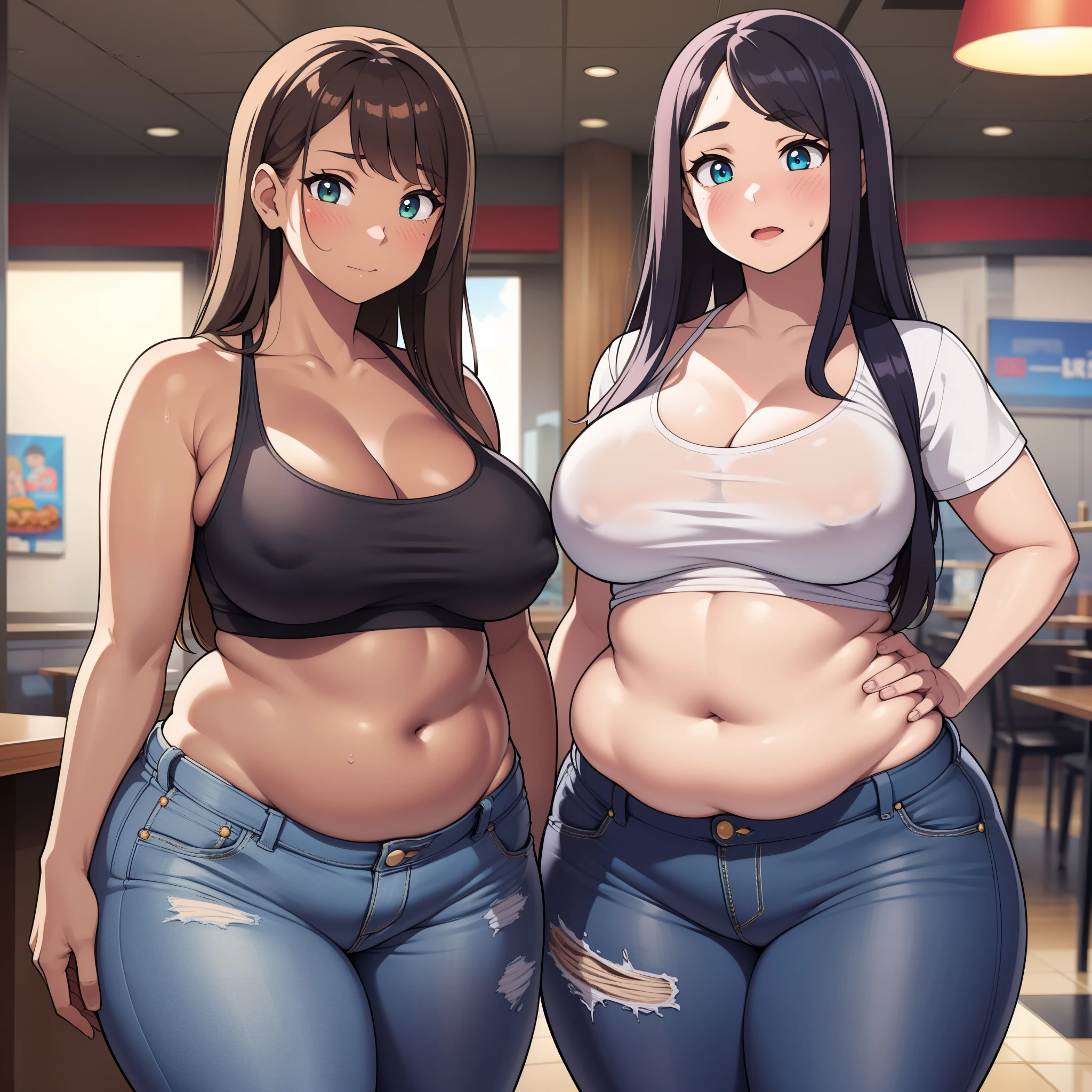 ((highres)), Masterpiece, high quality, best quality, beautiful, perfect lighting, detailed face, ultra cute face, ((2girls)), (blush), one girl has blonde hair, blue eyes, crop top and shorts, one girl has brown hair, green eyes, jeans, white shirt, fast food restaurant, cleavage, medium breasts, ((wide hips)), (thick thighs), ((plump), chubby belly, (belly grab), fat folds, standing next to each other,