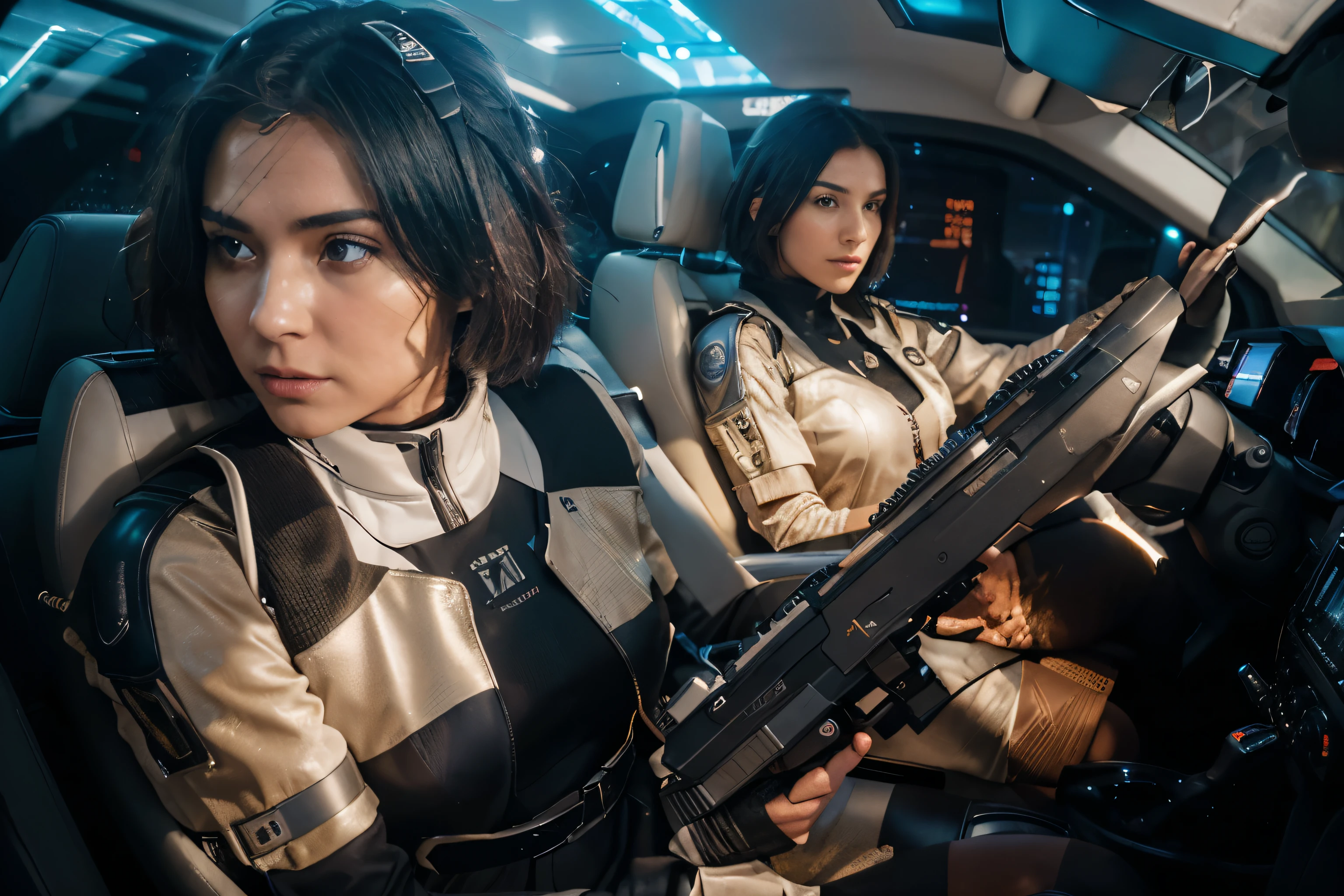 (Best quality, 8k, 32k, Masterpiece, UHD:1.2), "Transform the scene into the sleek and high-tech interior of a futuristic vehicle from the world of Valorant. The vehicle is designed with cutting-edge technology and an ergonomic layout, featuring illuminated control panels, holographic displays, and advanced navigation systems. The seats are contoured and equipped with harnesses for security during high-speed maneuvers.

In the foreground, two Valorant characters are seated, each holding their signature weapons. The first character, with a determined expression, grips a high-tech sniper rifle, ready for action. The second character, slightly turned to the side, holds a compact, futuristic submachine gun, their eyes scanning the surroundings through a transparent heads-up display (HUD).

The ambient lighting inside the vehicle casts a cool, blue glow, highlighting the characters' faces and gear. Reflections of the HUD and control panels dance across their weapons and armor, emphasizing the advanced technology. The background shows the vehicle's control area, with a pilot seat and an array of controls that suggest high functionality and readiness for rapid deployment.

This setting should convey a sense of urgency and readiness, capturing the intense, action-oriented atmosphere of Valorant. The characters are poised and alert, embodying the spirit of elite agents prepared for their next mission."