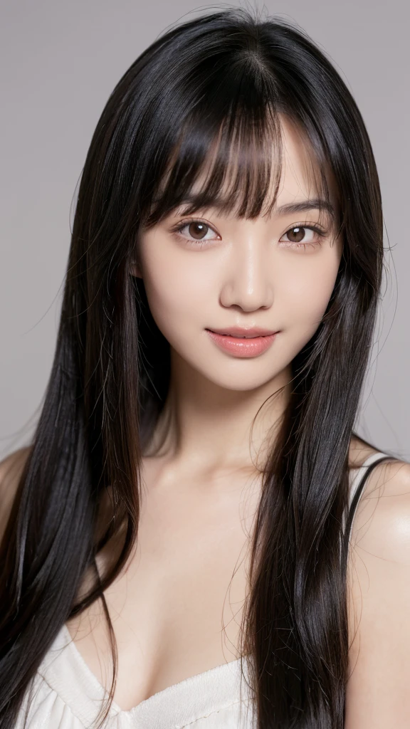 1girl,solo,smile,happy:1,long straight hair,straight bangs,look at viewers,brown eyes,looking at viewer,in studio,pure grey background,detailed skin,detailed face,studio light,parted lips,lips,bare shoulders,(black hair),(close up),messy hair,