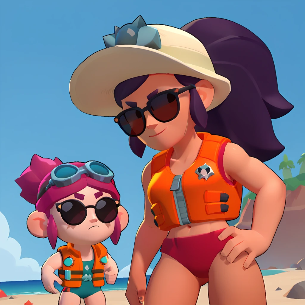 a blue-skinned triceratops, female, triceratops animals, Dwarf, wearing a red swimsuit and sunglasses, with a pink and white life jacket, brawl, brawl stars