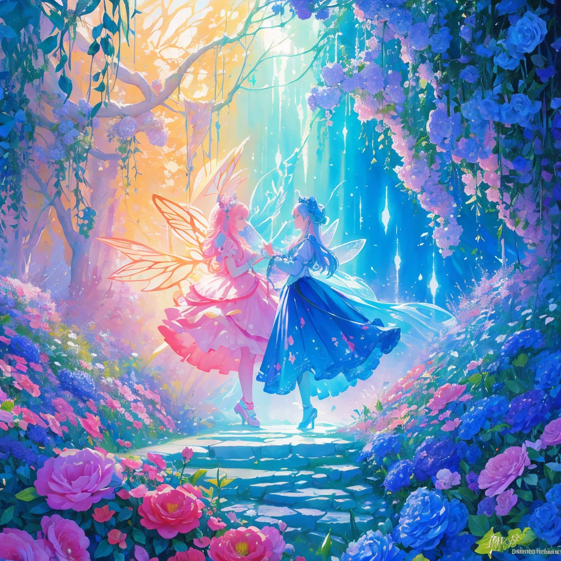 florals ,Colorful flowers ,background are the flowers,Surrounded by flowers,Seamless design,Fantasy Forest, neonlight, Realistic, Glow,Manhwa Style, Paint with vivid watercolors ,extremely detaile, highly detailed, tmasterpiece, Fairy tale background, in wonderland, Dynamic colors, Fairytale glow,