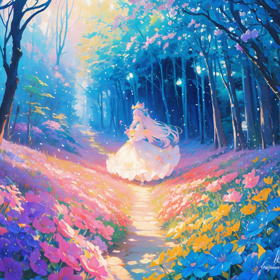 florals ,Colorful flowers ,background are the flowers,Surrounded by flowers,Seamless design,Fantasy Forest, neonlight, Realistic, Glow,Manhwa Style, Paint with vivid watercolors ,extremely detaile, highly detailed, tmasterpiece, Fairy tale background, in wonderland, Dynamic colors, Fairytale glow,