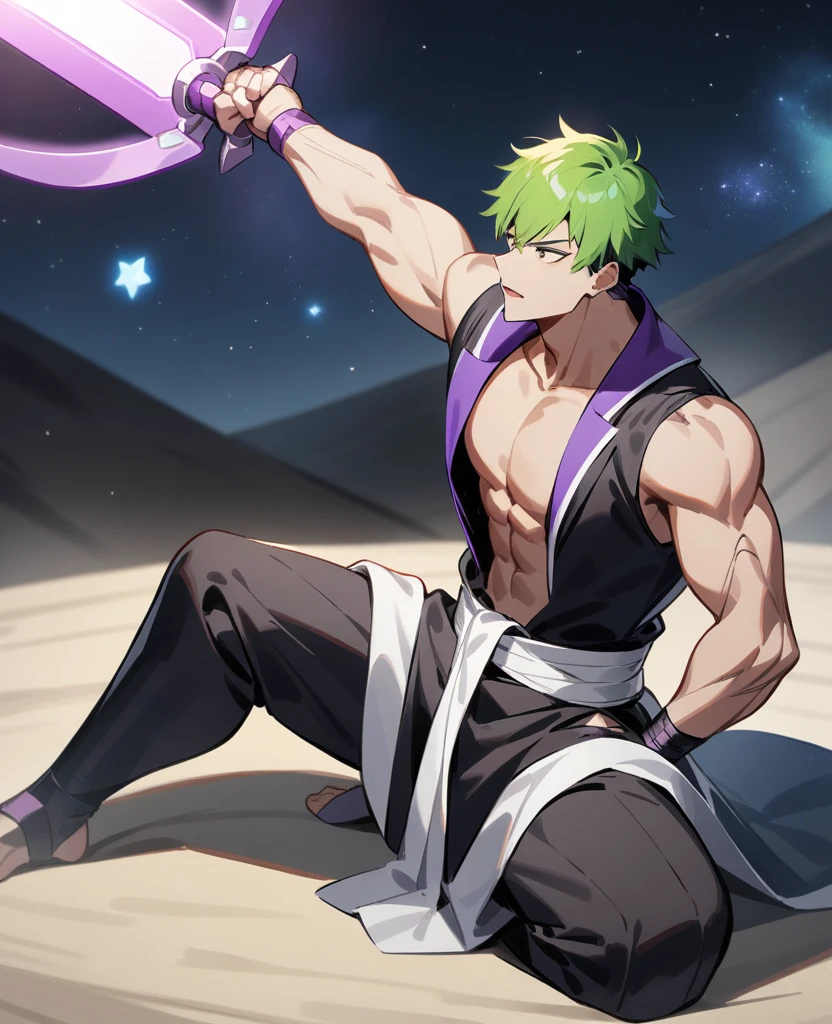 score_9,score_8_up,masterpiece, best quality,very aesthetic, absurdres,1boy, cyborg devil refresh handsome sporty last BOSS knight man, illustration, lean muscler, man wearning big clock shaped right arm parts and rpg coat and sumo fundoshi and sumo belt, short hair, sumo battle, sitting,crouching, having clock shaped sword, short hair, simple color, space, japan anime style, blue and purple and light green and white