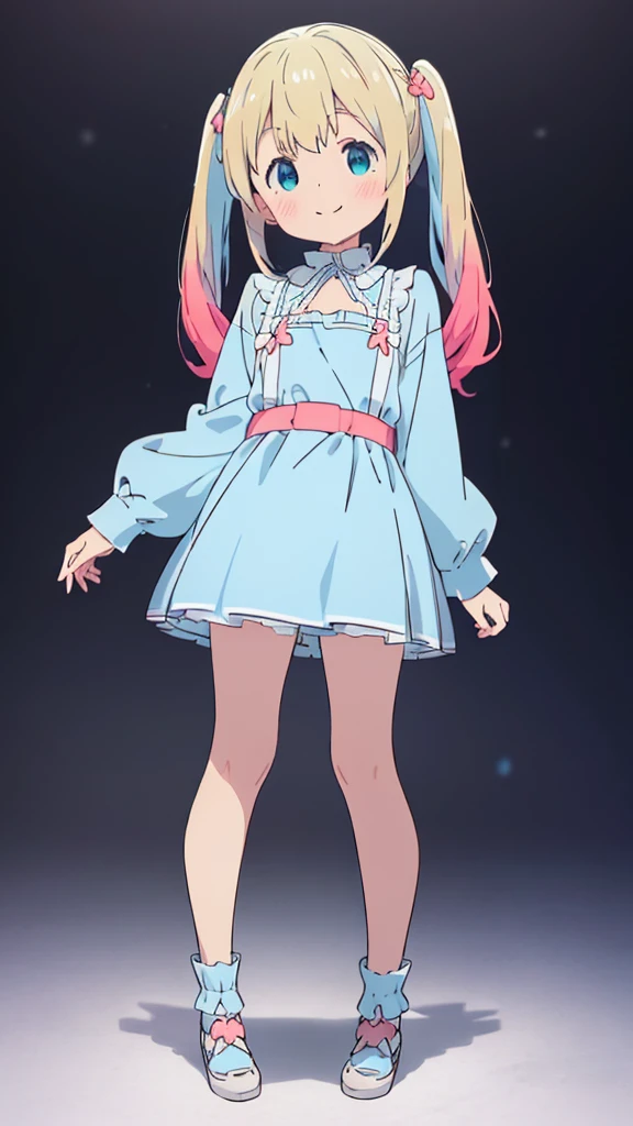 ((masterpiece))((Highest quality))girl、smile、blush、Flat Chest、Are thin、Blonde Hair、blush、Are standing、Whole body image、Eye level to the feet、front、No background、真frontのアングル、Blue clothes、Two-tone white and blue hair、Twin tails、Red Alice outfit