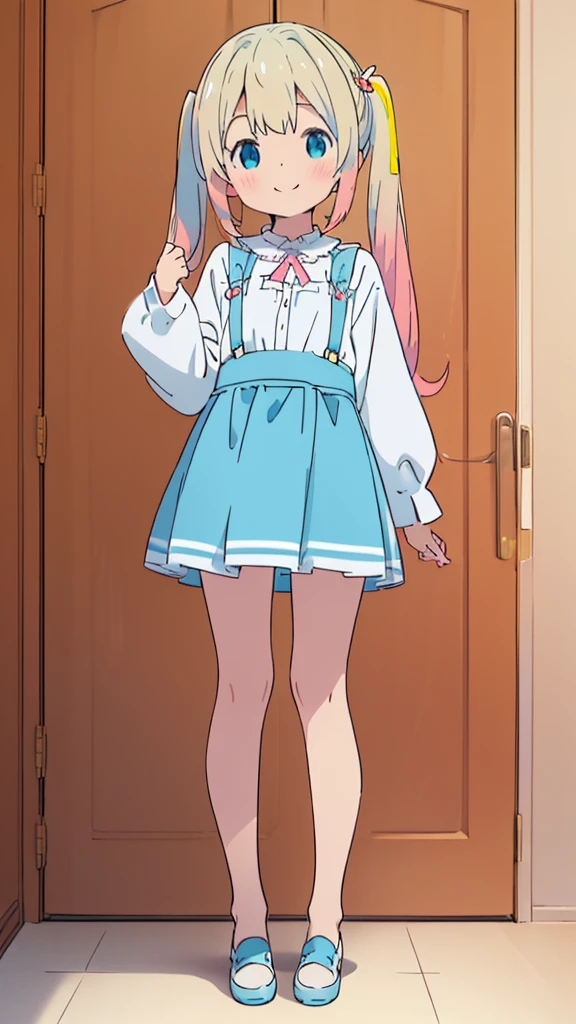 ((masterpiece))((Highest quality))girl、smile、blush、Flat Chest、Are thin、Blonde Hair、blush、Are standing、Whole body image、Eye level to the feet、front、No background、真frontのアングル、Blue clothes、Two-tone white and blue hair、Twin tails、Red Alice outfit