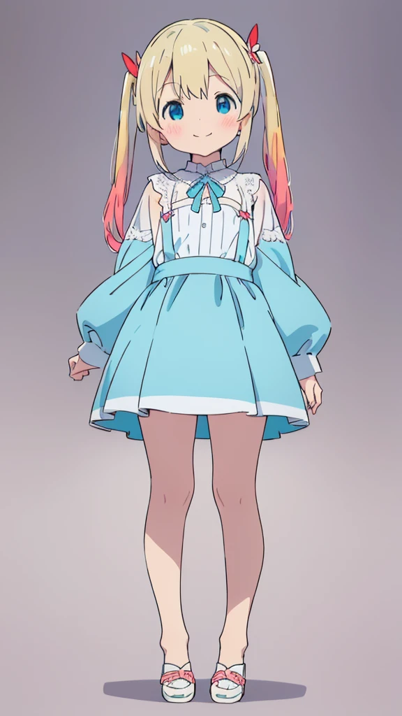 ((masterpiece))((Highest quality))girl、smile、blush、Flat Chest、Are thin、Blonde Hair、blush、Are standing、Whole body image、Eye level to the feet、front、No background、真frontのアングル、Blue clothes、Two-tone white and blue hair、Twin tails、Red Alice outfit