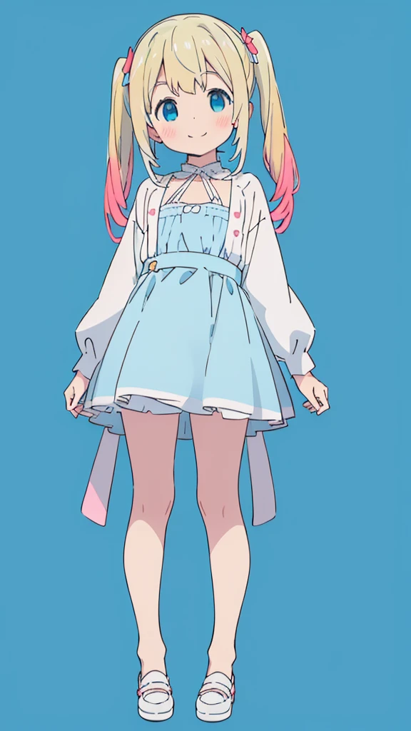 ((masterpiece))((Highest quality))girl、smile、blush、Flat Chest、Are thin、Blonde Hair、blush、Are standing、Whole body image、Eye level to the feet、front、No background、真frontのアングル、Blue clothes、Two-tone white and blue hair、Twin tails、Red Alice outfit