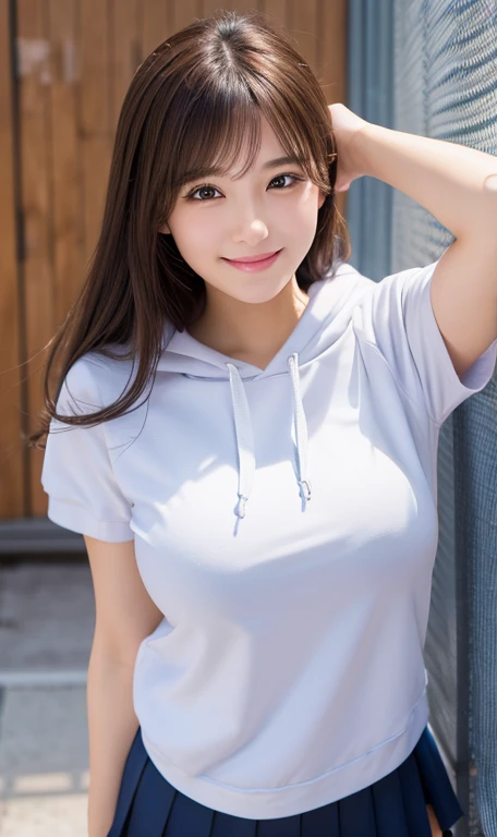 high school girl, Short sleeve hoodie, Clothes with short sleeves, Big Breasts, cute, beautiful girl, Correct Anatomy, Ultra-high resolution, RAW Photos, Detailed face, cute顔, Lady, Japanese, smile