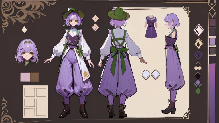 (Masterpiece, best quality), detailed, 1 gardener woman, ((character concept art)), ((character design sheet, reference sheet, same character, front, side, back)), full body, body complete, 1 gardener female, 1 gardener women. Character design sheet full body, Highly detailed, character sheet, character design, Many parts, pale skin, green eyes, short purple hair, male hairstyle, short male hair, lavender flower, lavender flower reference, lavender flower character reference, lavender flower inspired, flat chest, garden hat, gardening hat, pants, Ecofashion, Ecopunk, Ecology, Earthy clothing, gardening clothing, gardening, garden, Solarpunk, Solarpunk reference, Solarpunk inspired, cottagecore aesthetic, cottagecore, pants, gold details, pastel purple, green and brown color palette for the clothes.