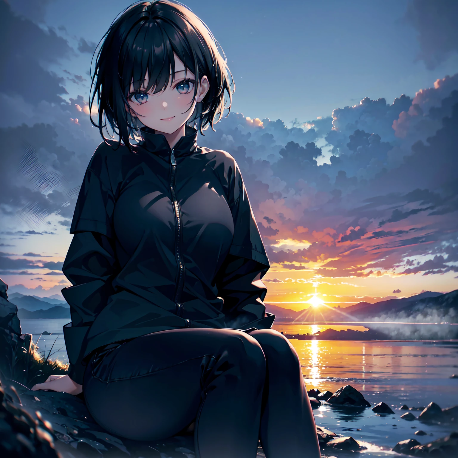 (Dark Scene, Soft lighting, High saturation):1.4, Vivid lighting, Enchanting elegance, Atmospheric Depth, Great technology, Naturalistic representation, Harmonious composition, Creative refinement, Striking contrast,
(One beautiful girl), Sitting, smile, Expose, Short black hair
((sunset)),Volumetric Fog, Outdoor, Backlight