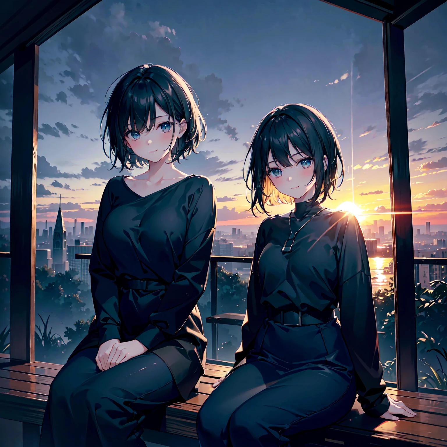 (Dark Scene, Soft lighting, High saturation):1.4, Vivid lighting, Enchanting elegance, Atmospheric Depth, Great technology, Naturalistic representation, Harmonious composition, Creative refinement, Striking contrast,
(One beautiful girl), Sitting, smile, Expose, Short black hair
((sunset)),Volumetric Fog, Outdoor, Backlight