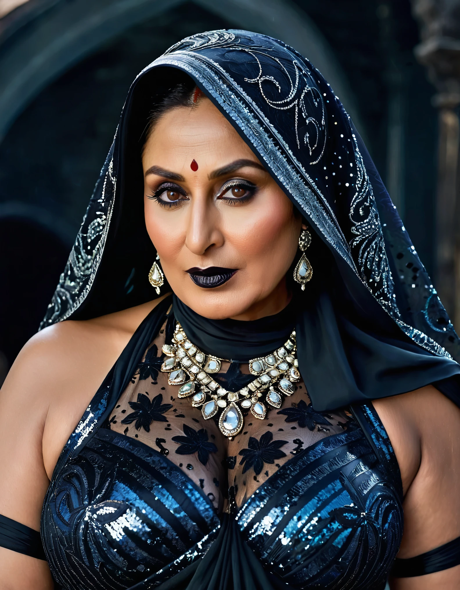 Looks like Kareena Kapoor khan, Big chubby aunty, milf, cougar lady witch, horny Gothic milf,  70 years old gorgeous mature lady, pervert demoness, demoness of lust, curvy, black lips, horny face, extremely gorgeous, thick figure, heavy physique, voluptuous, curvy, sexy figure, Fashionable portrait of androgynous alien looking witch wearing veil, glowing eyes, futuristic design, minimal details, givenchy, photoreal, 200mm, hd, f/ 2.0, highly detailed, surreal, sexy beautiful evil woman, sexy bold sequin Saree with strapless Bra, chudail, Pishachini, horror genre, blood-thirsty enchantress, powerful female spirit, eerie, drop dead, in the style of red and blue, (intricate details, hyperdetailed:1.15) (skin texture:1.2), dark Moody tone, cinematic lighting, haunted place in background, 