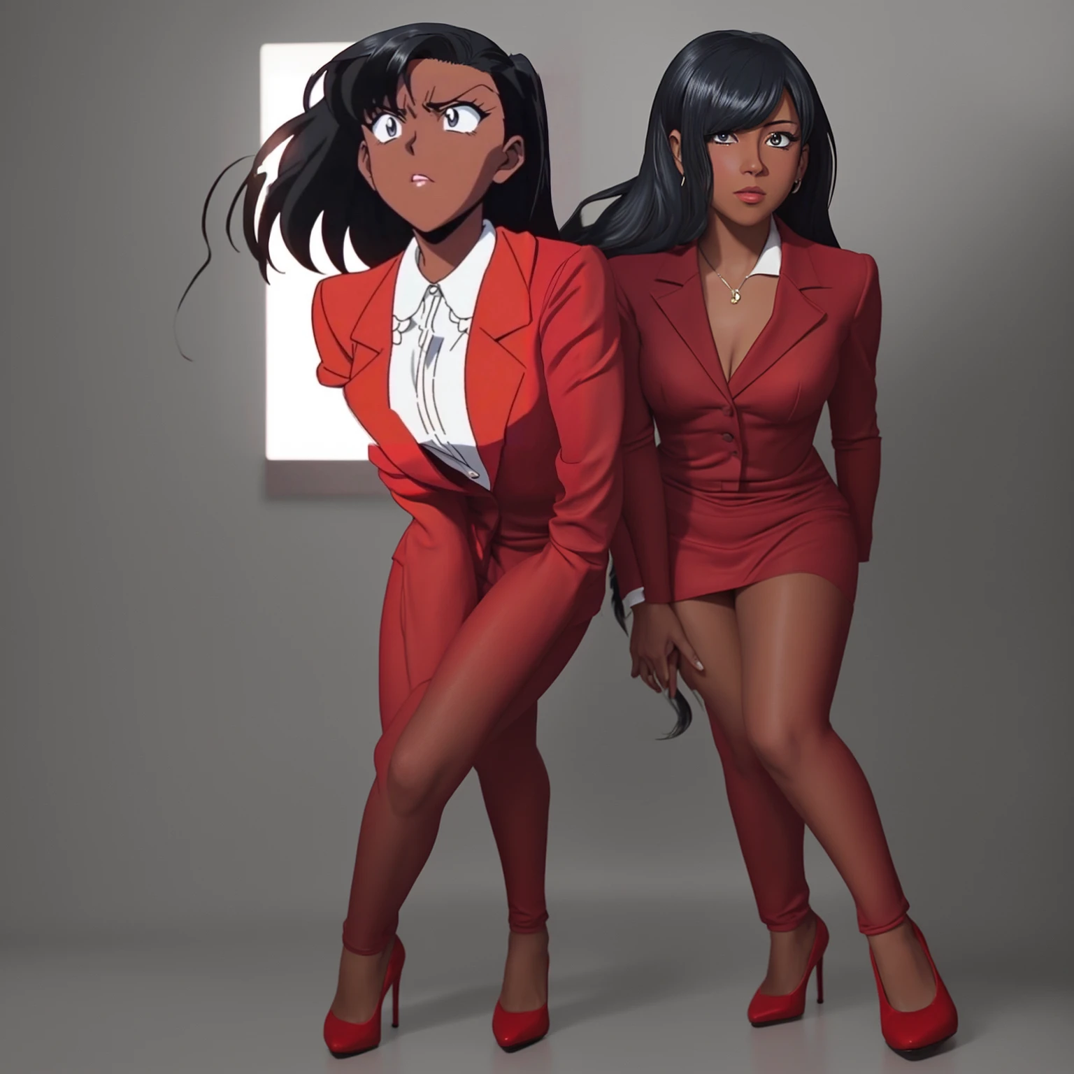 90s anime Evil black skinned business woman in a red suit and  red skirt and red heels and long red sleeves 
