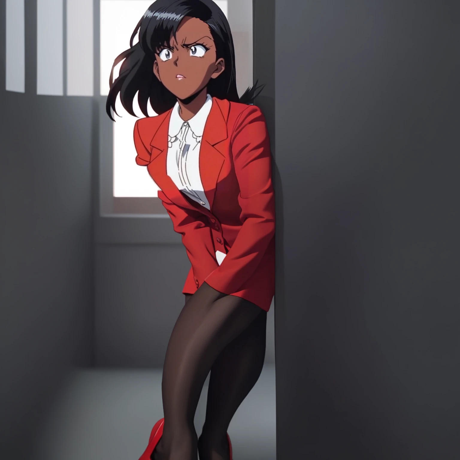 90s anime Evil black skinned business woman in a red suit and  red skirt and red heels and long red sleeves 