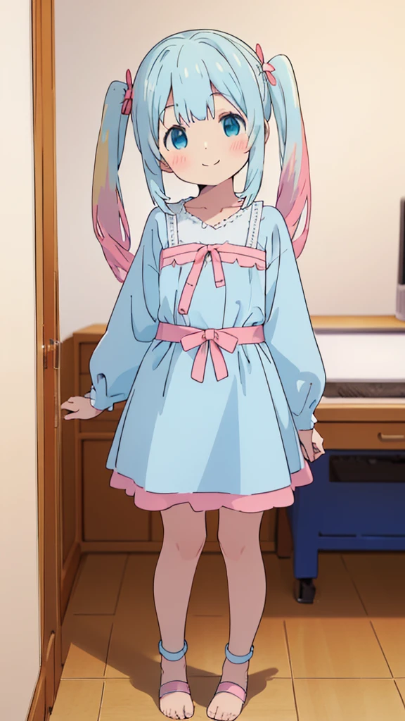 ((masterpiece))((Highest quality))girl、smile、blush、Flat Chest、Are thin、Blonde Hair、blush、Are standing、Whole body image、Eye level to the feet、front、No background、真frontのアングル、Blue clothes、Two-tone white and blue hair、Twin tails、Red Alice outfit