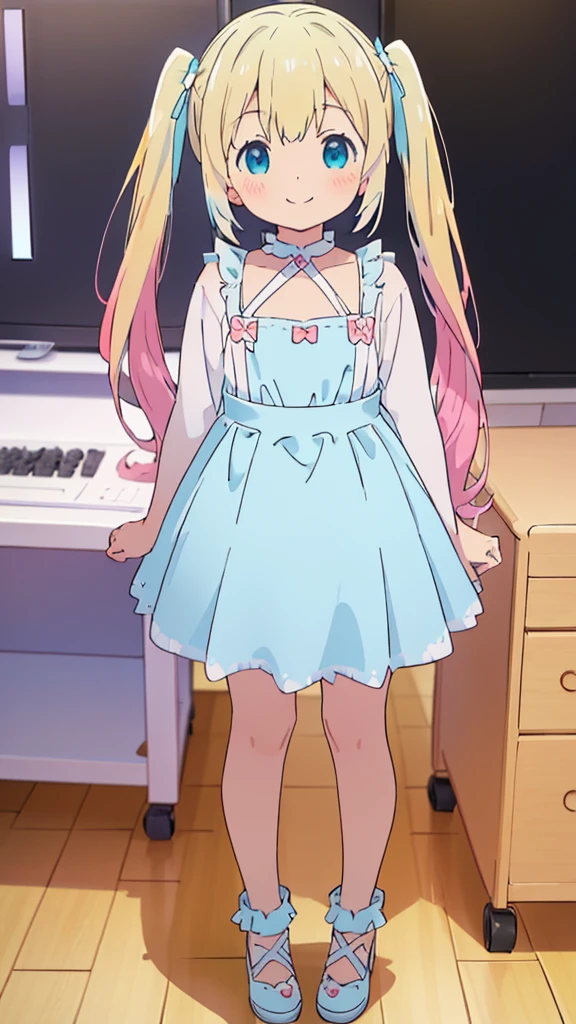 ((masterpiece))((Highest quality))girl、smile、blush、Flat Chest、Are thin、Blonde Hair、blush、Are standing、Whole body image、Eye level to the feet、front、No background、真frontのアングル、Blue clothes、Two-tone white and blue hair、Twin tails、Red Alice outfit