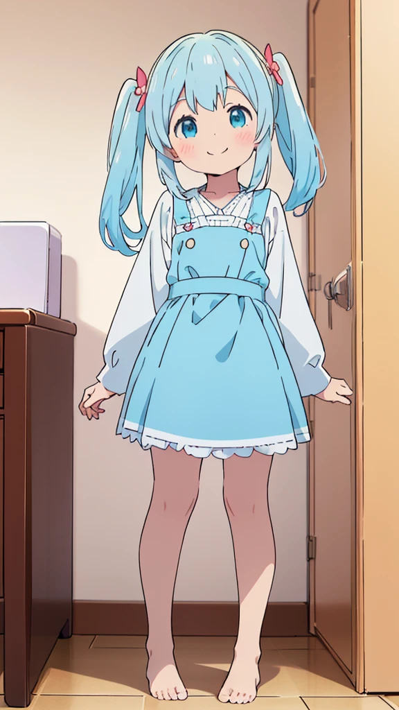 ((masterpiece))((Highest quality))girl、smile、blush、Flat Chest、Are thin、Blonde Hair、blush、Are standing、Whole body image、Eye level to the feet、front、No background、真frontのアングル、Blue clothes、Two-tone white and blue hair、Twin tails、Red Alice outfit