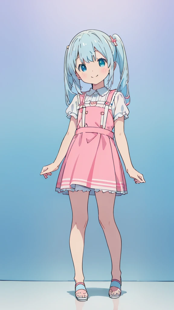 ((masterpiece))((Highest quality))girl、smile、blush、Flat Chest、Are thin、Blonde Hair、blush、Are standing、Whole body image、Eye level to the feet、front、No background、真frontのアングル、Blue clothes、Two-tone white and blue hair、Twin tails、Red Alice outfit
