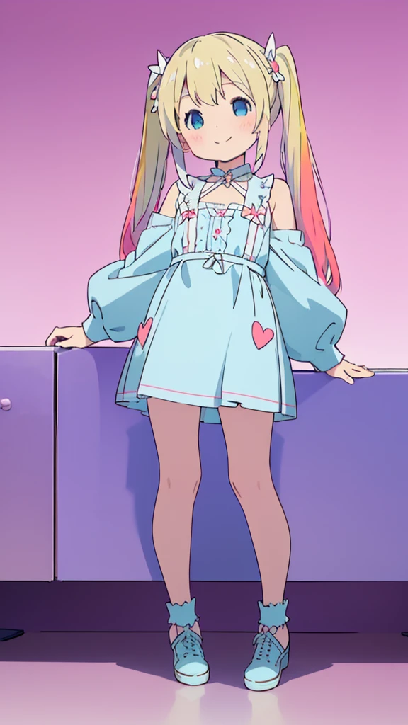 ((masterpiece))((Highest quality))girl、smile、blush、Flat Chest、Are thin、Blonde Hair、blush、Are standing、Whole body image、Eye level to the feet、front、No background、真frontのアングル、Blue clothes、Two-tone white and blue hair、Twin tails、Red Alice outfit