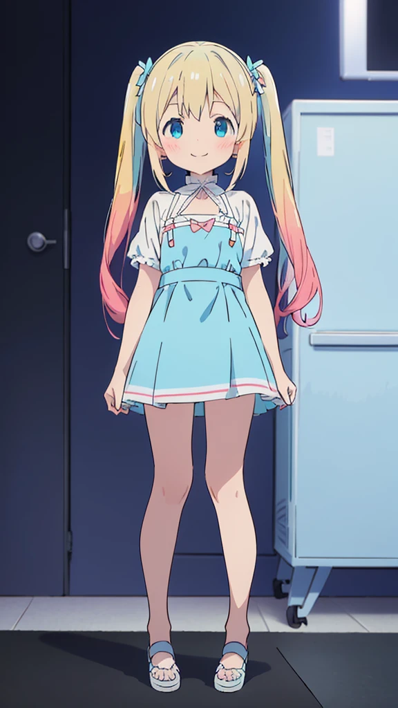 ((masterpiece))((Highest quality))girl、smile、blush、Flat Chest、Are thin、Blonde Hair、blush、Are standing、Whole body image、Eye level to the feet、front、No background、真frontのアングル、Blue clothes、Two-tone white and blue hair、Twin tails、Red Alice outfit