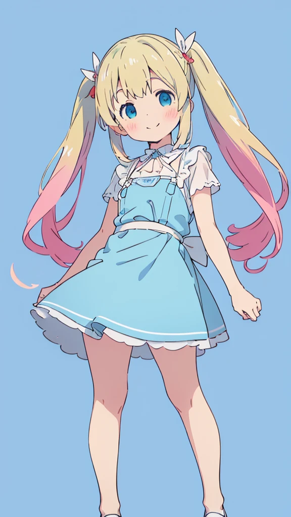 ((masterpiece))((Highest quality))girl、smile、blush、Flat Chest、Are thin、Blonde Hair、blush、Are standing、Whole body image、Eye level to the feet、front、No background、真frontのアングル、Blue clothes、Two-tone white and blue hair、Twin tails、Red Alice outfit