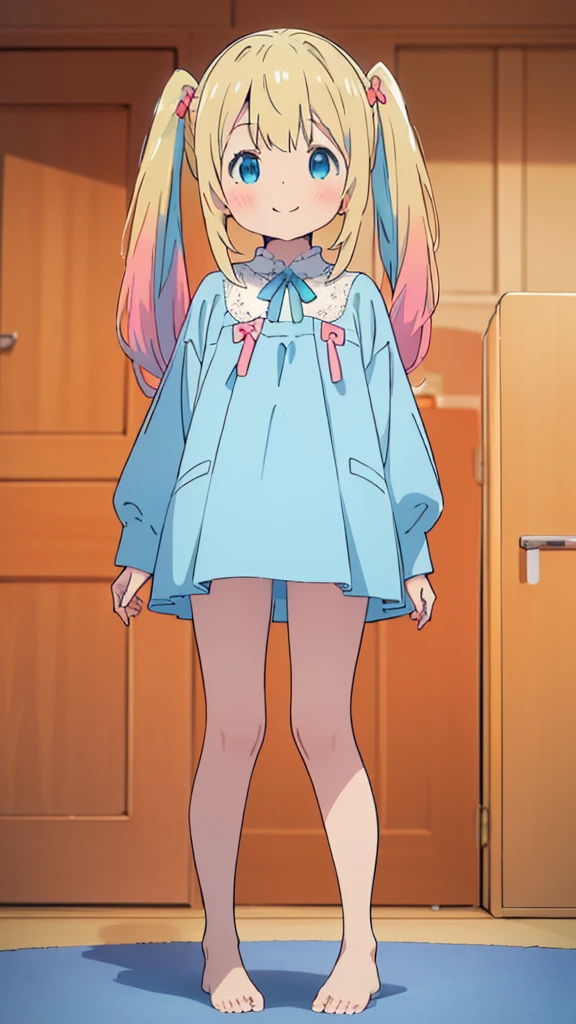 ((masterpiece))((Highest quality))girl、smile、blush、Flat Chest、Are thin、Blonde Hair、blush、Are standing、Whole body image、Eye level to the feet、front、No background、真frontのアングル、Blue clothes、Two-tone white and blue hair、Twin tails、Red Alice outfit