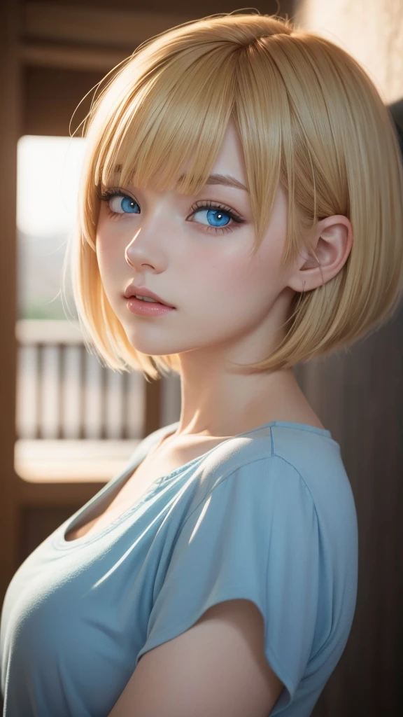 a girl with short golden hair, bangs, light blue eyes, anime
