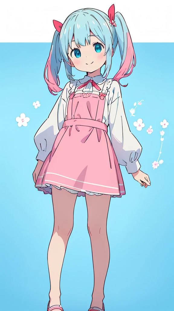 ((masterpiece))((Highest quality))girl、smile、blush、Flat Chest、Are thin、Blonde Hair、blush、Are standing、Whole body image、Eye level to the feet、front、No background、真frontのアングル、Blue clothes、Two-tone white and blue hair、Twin tails、Red Alice outfit
