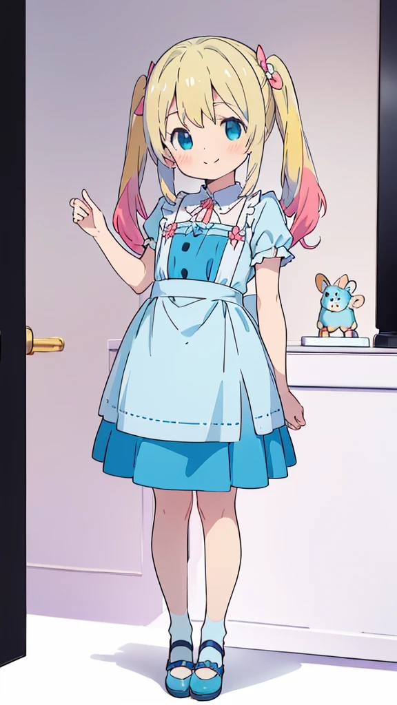 ((masterpiece))((Highest quality))girl、smile、blush、Flat Chest、Are thin、Blonde Hair、blush、Are standing、Whole body image、Eye level to the feet、front、No background、真frontのアングル、Blue clothes、Two-tone white and blue hair、Twin tails、Red Alice outfit