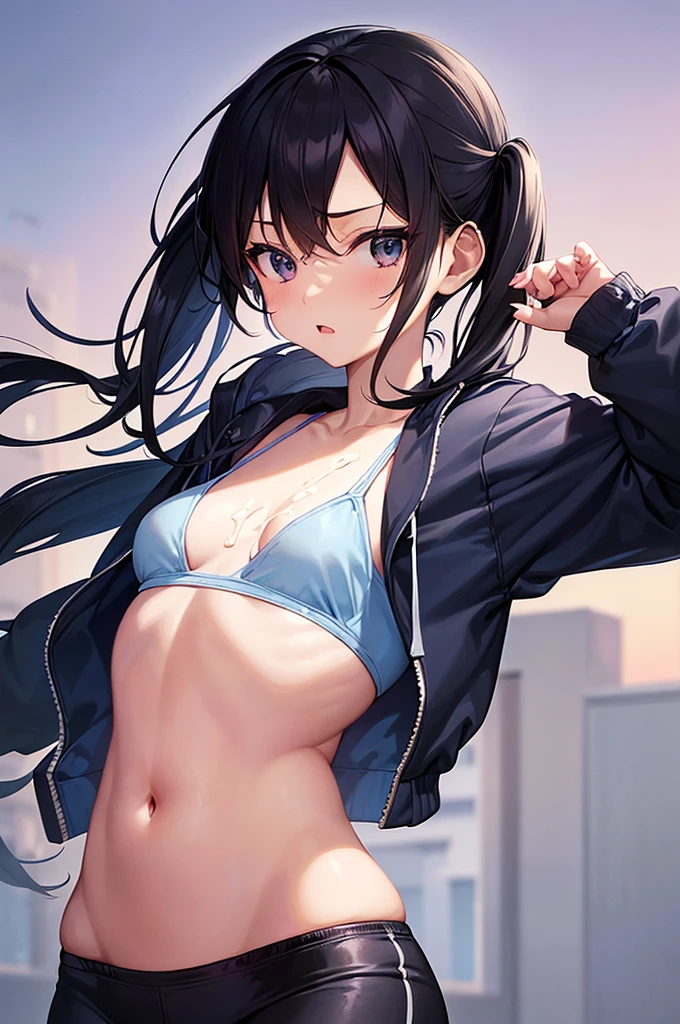 masterpiece, best quality,anime style, 1 girl,(((slender body))), (((small eyes,small breast,breast milk,breastfeeding a baby))),(((Jacket, Open your clothes, Open jacket, Blue jacket, ground vehicle, Sports Bra, bicycle,buruma))),(((((a monkey baby grabbing the girl))))),((((cum)))), (beautiful face), (((short twintail))), (((straight hair))), ((((black hair)))),detailed beautiful skin, (perfect hands, perfect anatomy)