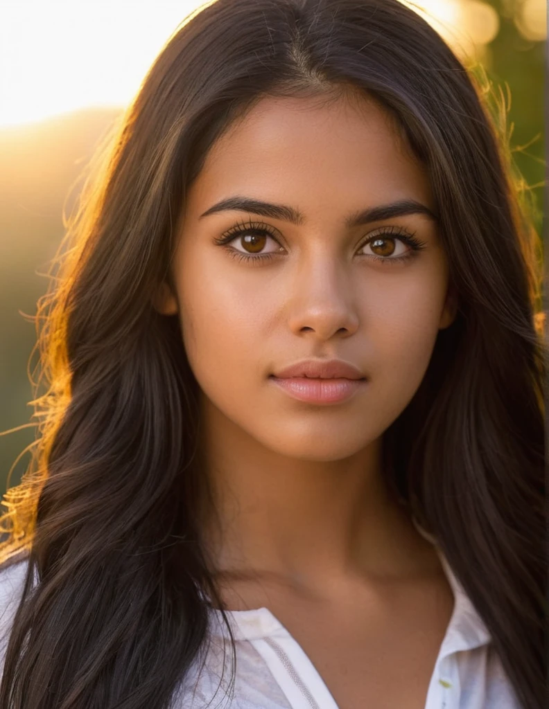 A photorealistic of a 21-year-old colombian girl with long, flowing dark hair and striking dark eyes. She should have a natural, approachable expression and be illuminated by soft, golden-hour sunlight. The background should be a scenic outdoor setting, sexy, hot,  . Capture this image with a high-resolution photograph using an 85mm lens for a flattering perspective.