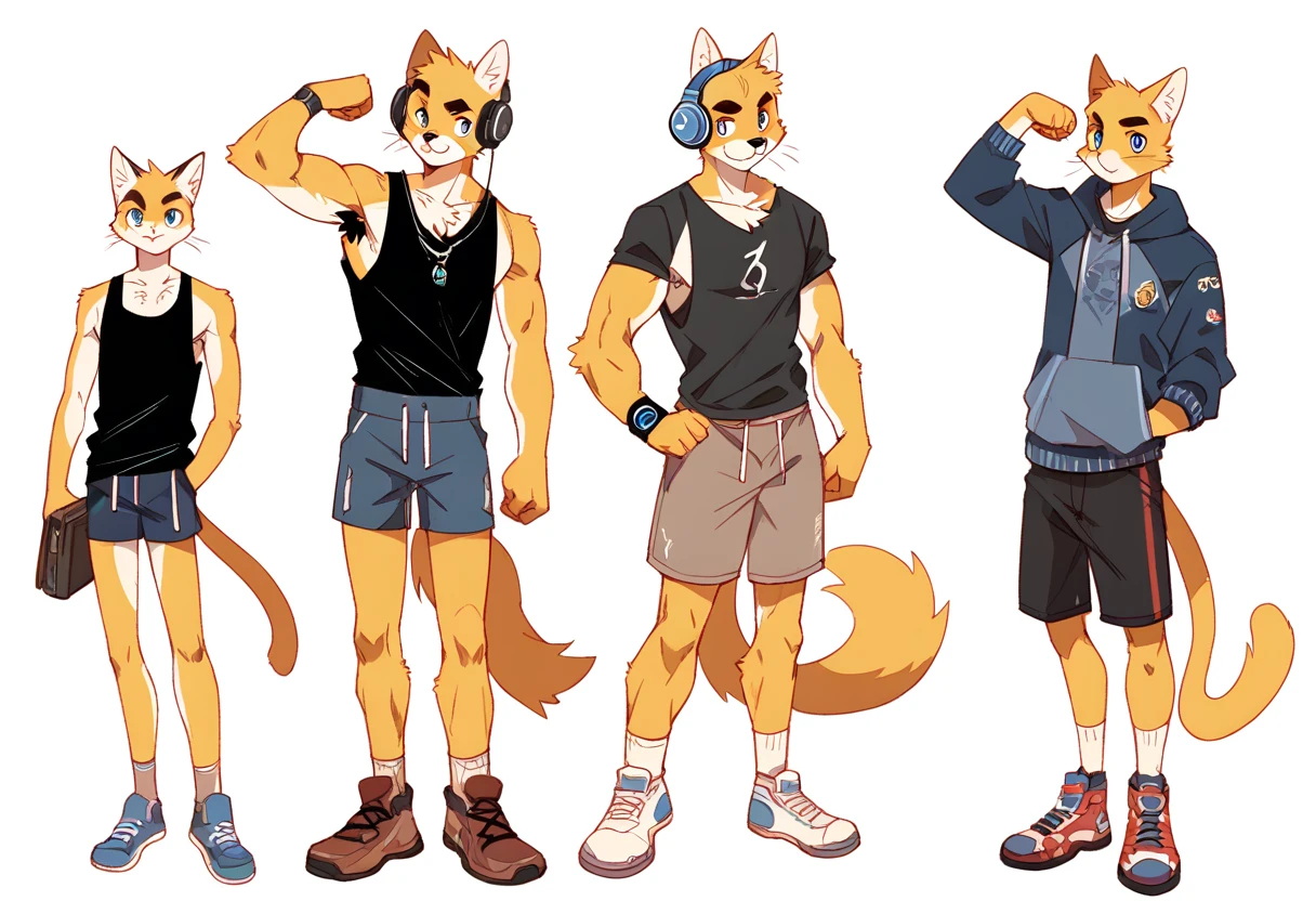 score_9, score_8_up, score_7_up, male, furry, high quality, hires, anthro, teenager, 16 years old, domestic cat, bright yellow fur, blue eyes, wide brown eyebrows, confidant expression, humanoid feet, slim body, prominent v-line, prominent abs, prominent legs, prominent forearm muscles, prominent knees, white background, treasure trail, armpit hair, furry legs, in 3 various sexy poses, headphones, casual clothes, joggers, black tank top, shorts, flexing