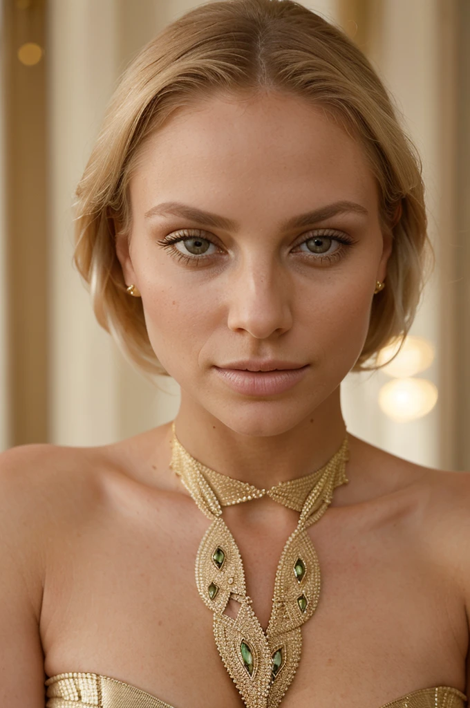 portrait of fashion model with a stunning face, makeup, blond hair and athletic physique, photogenic full-length pose, dressed in gold dress, focal length 85 mm, aperture f/1.4, ISO 50, blurred background, focus on the eyes, shutter speed 1\200, surrounded by warm, golden-toned lighting, detailed facial features, penetrating gaze, delicate skin, in a realistic setting, glass paints, subtle details, photorealism, award-winning dynamic, organic, diverse lighting, double exposure, fabulous, exquisite, detailed face, irresistible, majestic, attention-grabbing, magnificent, very stylish, beautiful, delightful, mesmerizing, very attractive, perfect face, juicy, radiant image, radiance, masterpiece, fashion editorial in nature, neckline showcased, elegant and luxurious clean lines of the attire, studio photography with sharp focus, employing the rule of thirds and symmetrical balance for composition, depth layering with the use of a polarizing filter to enhance the sense of depth, shot using XF