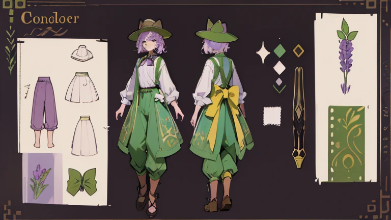 (Masterpiece, best quality), detailed, 1 gardener woman, ((character concept art)), ((character design sheet, reference sheet, same character, front, side, back)), full body, body complete, 1 gardener female, 1 gardener women. Character design sheet full body, Highly detailed, character sheet, character design, Many parts, pale skin, green eyes, short purple hair, male hairstyle, short male hair, lavender flower, lavender flower reference, lavender flower character reference, lavender flower inspired, flat chest, garden hat, gardening hat, pants, Ecofashion, Ecopunk, Ecology, Earthy clothing, gardening clothing, gardening, garden, Solarpunk, Solarpunk reference, Solarpunk inspired, cottagecore aesthetic, cottagecore, pants, gold details, pastel purple, green and brown color palette for the clothes.
