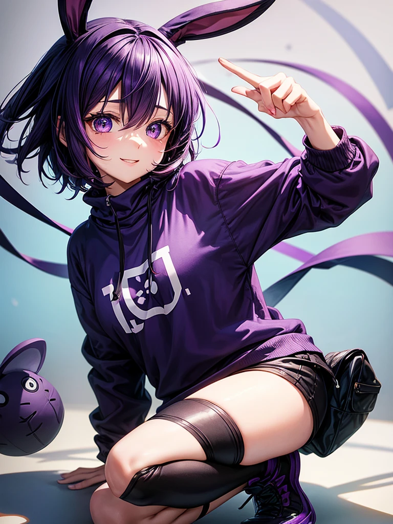  happy anime girl wearing black sweatshirt with short purple hair, with big purple bunny ears and purple eyes