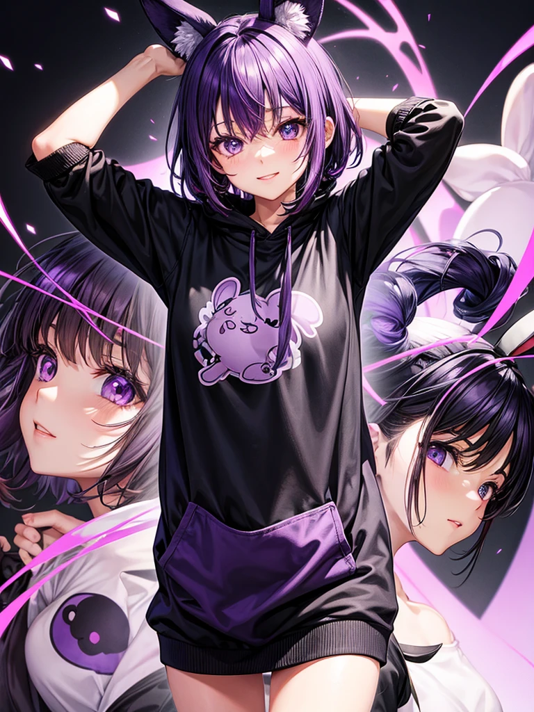 happy anime girl wearing black sweatshirt with short purple hair, with big purple bunny ears and purple eyes