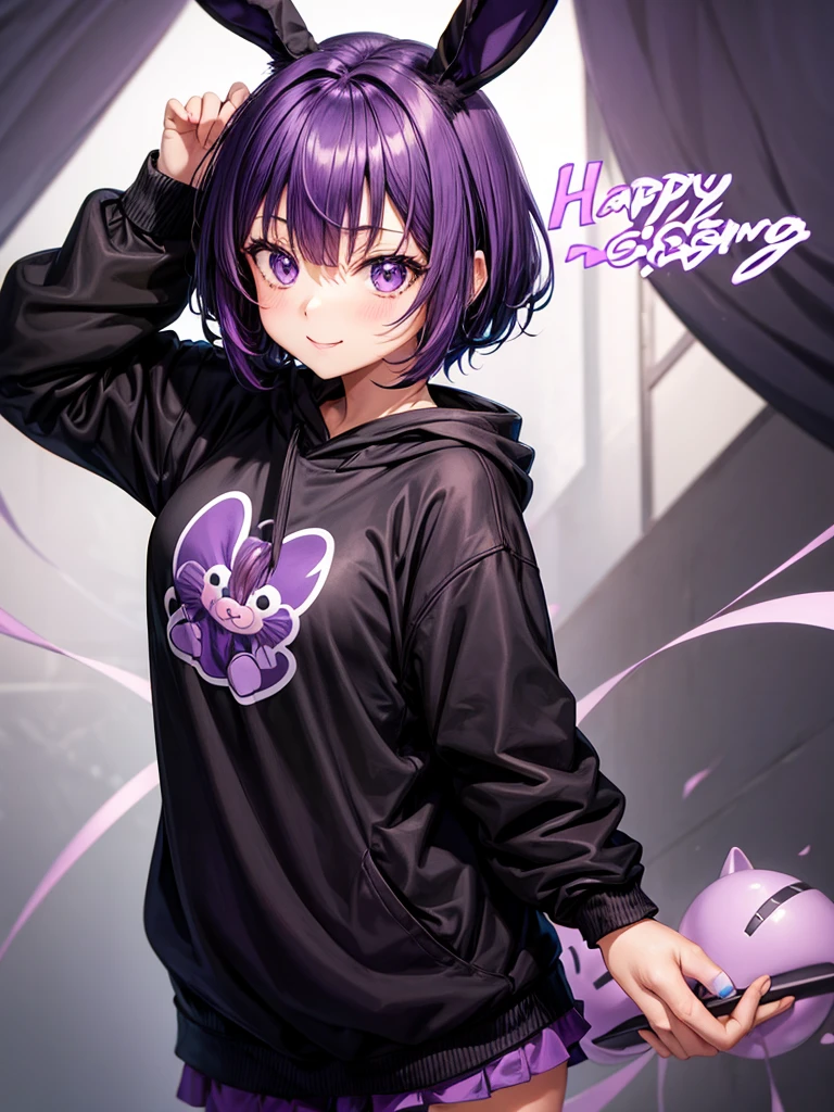  happy anime girl wearing black sweatshirt with short purple hair, with big purple bunny ears and purple eyes