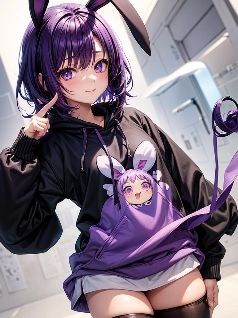 happy anime girl wearing black sweatshirt with short purple hair, with big purple bunny ears and purple eyes